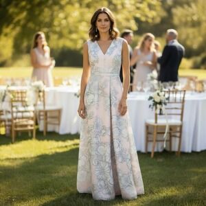 Kay Unger Eloise Floral Printed Embroidered Organza Sleeveless V-Neck Gown